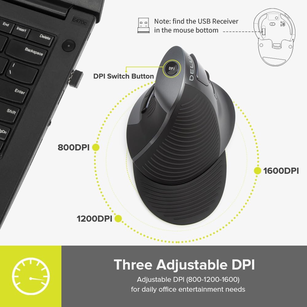 DeLUX Ergonomic Mouse Wireless, Rechargable Vertical Mouse, Bluetooth/2.4G Dual Mode, Slient Click, Removable Wrist Rest, 800/1200/1600DPI, 6 Buttons, for Laptop/PC/Mac (618G DB)-2