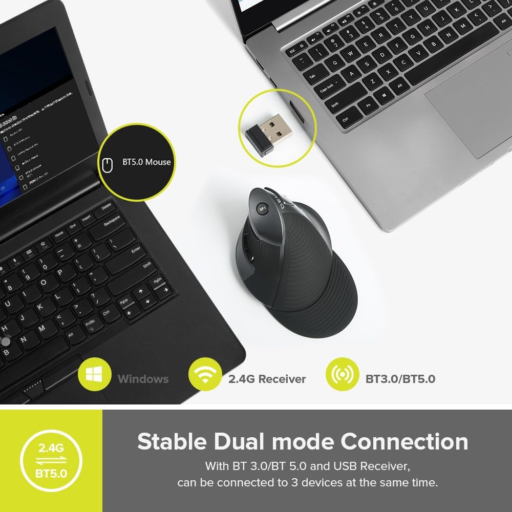 DeLUX Ergonomic Mouse Wireless, Rechargable Vertical Mouse, Bluetooth/2.4G Dual Mode, Slient Click, Removable Wrist Rest, 800/1200/1600DPI, 6 Buttons, for Laptop/PC/Mac (618G DB)-4