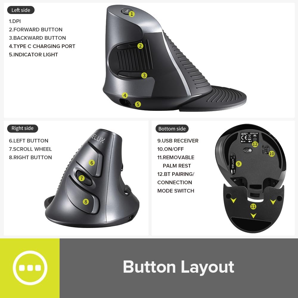 DeLUX Ergonomic Mouse Wireless, Rechargable Vertical Mouse, Bluetooth/2.4G Dual Mode, Slient Click, Removable Wrist Rest, 800/1200/1600DPI, 6 Buttons, for Laptop/PC/Mac (618G DB)-5