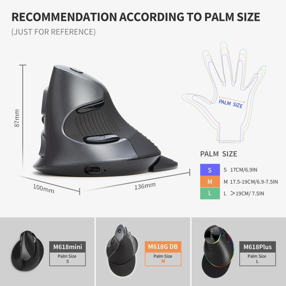 DeLUX Ergonomic Mouse Wireless, Rechargable Vertical Mouse, Bluetooth/2.4G Dual Mode, Slient Click, Removable Wrist Rest, 800/1200/1600DPI, 6 Buttons, for Laptop/PC/Mac (618G DB)-6