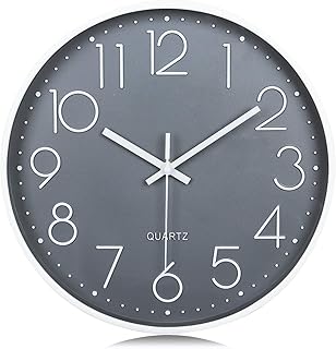 Lafocuse 3D Silent Kitchen Grey Wall Clock Battery Operated,Non Ticking Quartz Decorative Wall Clocks for Living Room Modern Bedrooms Office Home 12 Inch