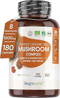 Organic Mushroom Complex 8-180 Capsules - 1000mg - Lion's Mane & 7 Mushroom Blends (Reishi, Chaga, Cordyceps, Shiitake, Oyster, Maitake & Coprinus) - Added Turmeric & Ginger - Vegan & Non-GMO