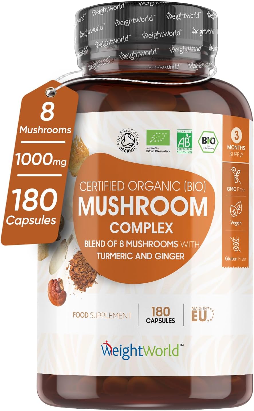 Organic Mushroom Complex 8-180 Capsules - 1000mg - Lion's Mane & 7 Mushroom Blends (Reishi, Chaga, Cordyceps, Shiitake, Oyster, Maitake & Coprinus) - Added Turmeric & Ginger - Vegan & Non-GMO-0