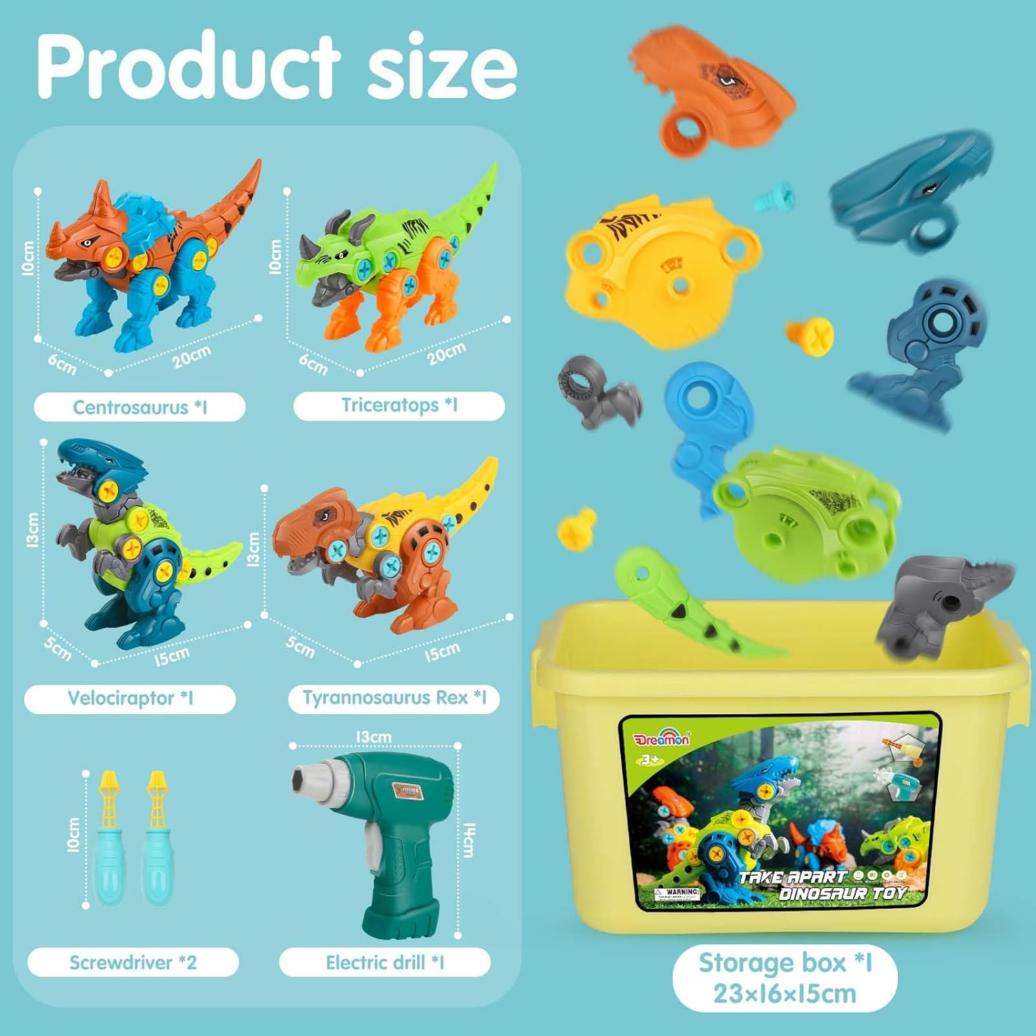 Dreamon Take Apart Dinosaur Toys for Kids with Storage Box Electric Drill DIY Construction Build Set Educational STEM for Boys Girls-5