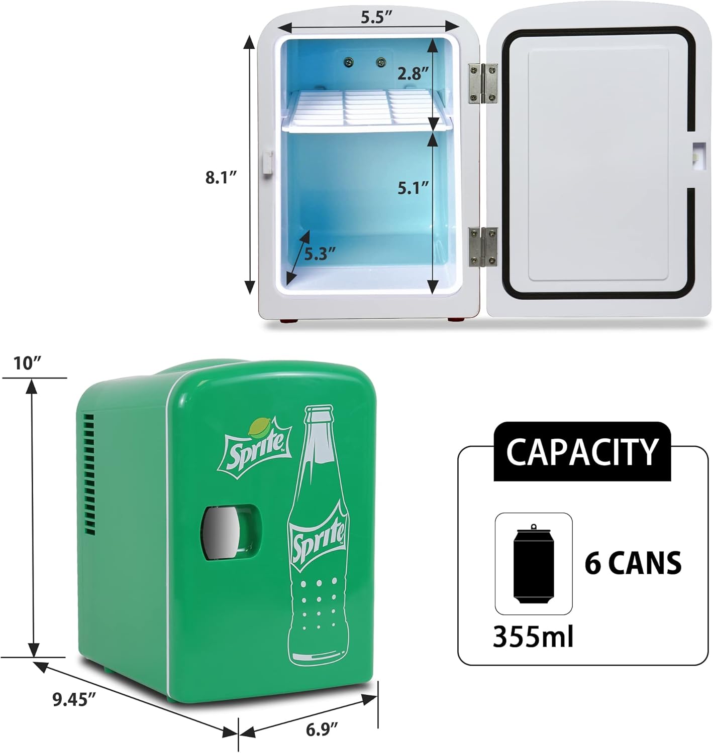 Coca Cola Sprite Mini Fridge For Bedrooms 4L Small Fridge 6 Can Table Top Fridge Quiet Mini Fridges For Skincare Food Drinks Kids Home Car & Travel 12v Portable Cooler Warmer Refrigerator, Green-4