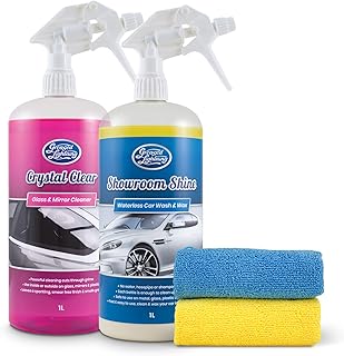 Greased Lightning Bodywork & Windows Twin Pack - Showroom Shine 1L Waterless Wash and Wax & Crystal Clear 1L Glass & Mirror Cleaner Plus 2 Microfibre Cloths Pack