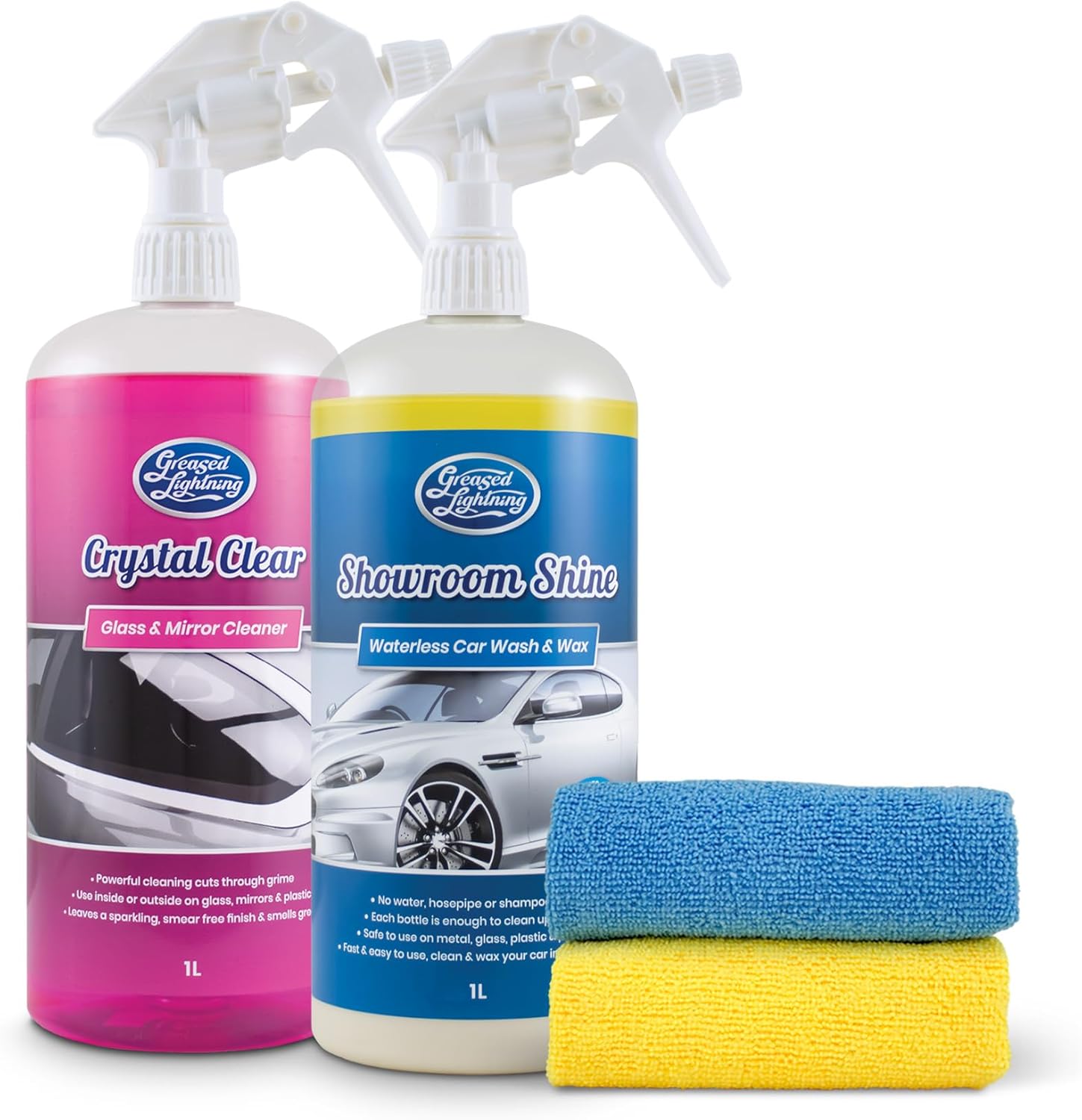 Greased Lightning Bodywork & Windows Twin Pack - Showroom Shine 1L Waterless Wash and Wax & Crystal Clear 1L Glass & Mirror Cleaner Plus 2 Microfibre Cloths Pack-0