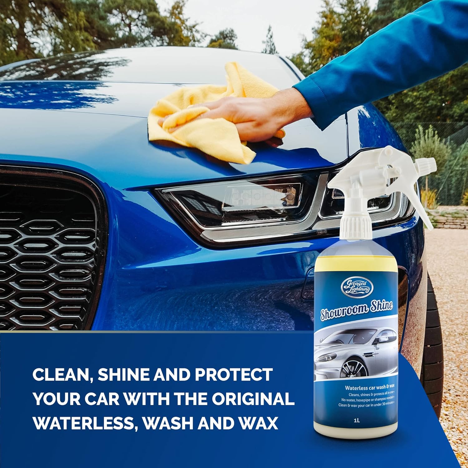 Greased Lightning Bodywork & Windows Twin Pack - Showroom Shine 1L Waterless Wash and Wax & Crystal Clear 1L Glass & Mirror Cleaner Plus 2 Microfibre Cloths Pack-1