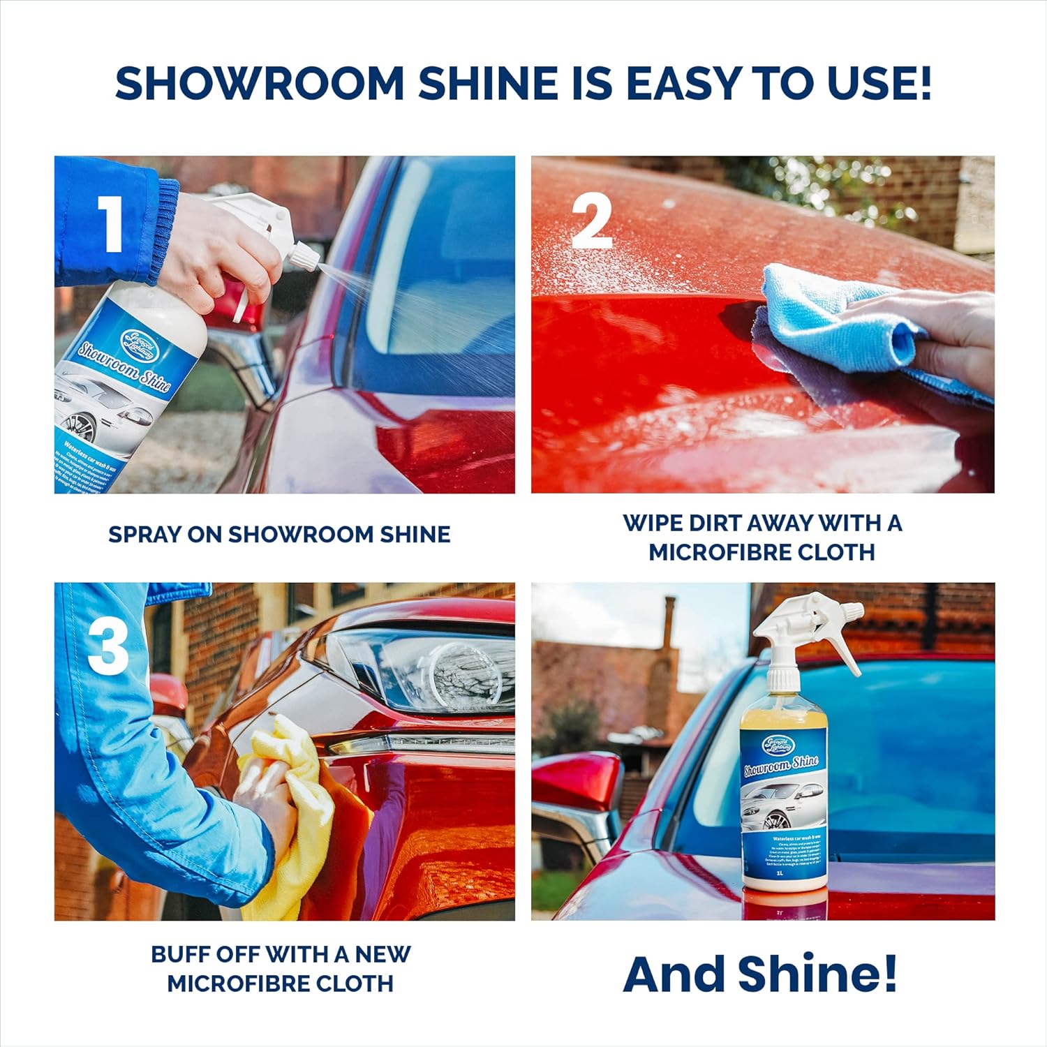 Greased Lightning Bodywork & Windows Twin Pack - Showroom Shine 1L Waterless Wash and Wax & Crystal Clear 1L Glass & Mirror Cleaner Plus 2 Microfibre Cloths Pack-3