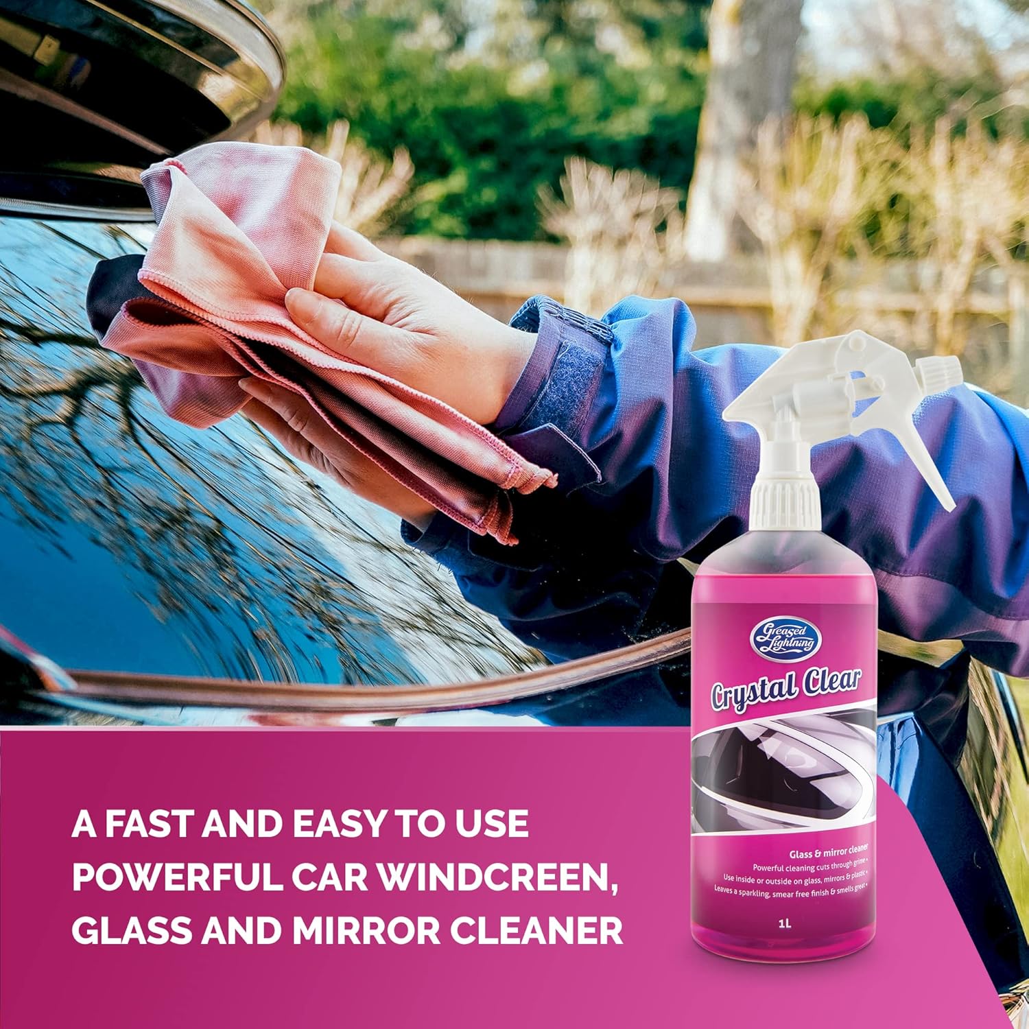 Greased Lightning Bodywork & Windows Twin Pack - Showroom Shine 1L Waterless Wash and Wax & Crystal Clear 1L Glass & Mirror Cleaner Plus 2 Microfibre Cloths Pack-4