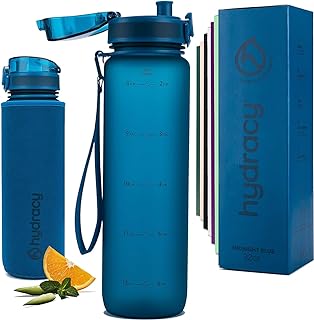 Hydracy Water Bottle with Time Marker -Large 1 Litre BPA Free Water Bottle & No Sweat Sleeve -Leak Proof Gym Bottle with Fruit Infuser Strainer & Times to Drink -Ideal for Fitness Sport & Outdoor