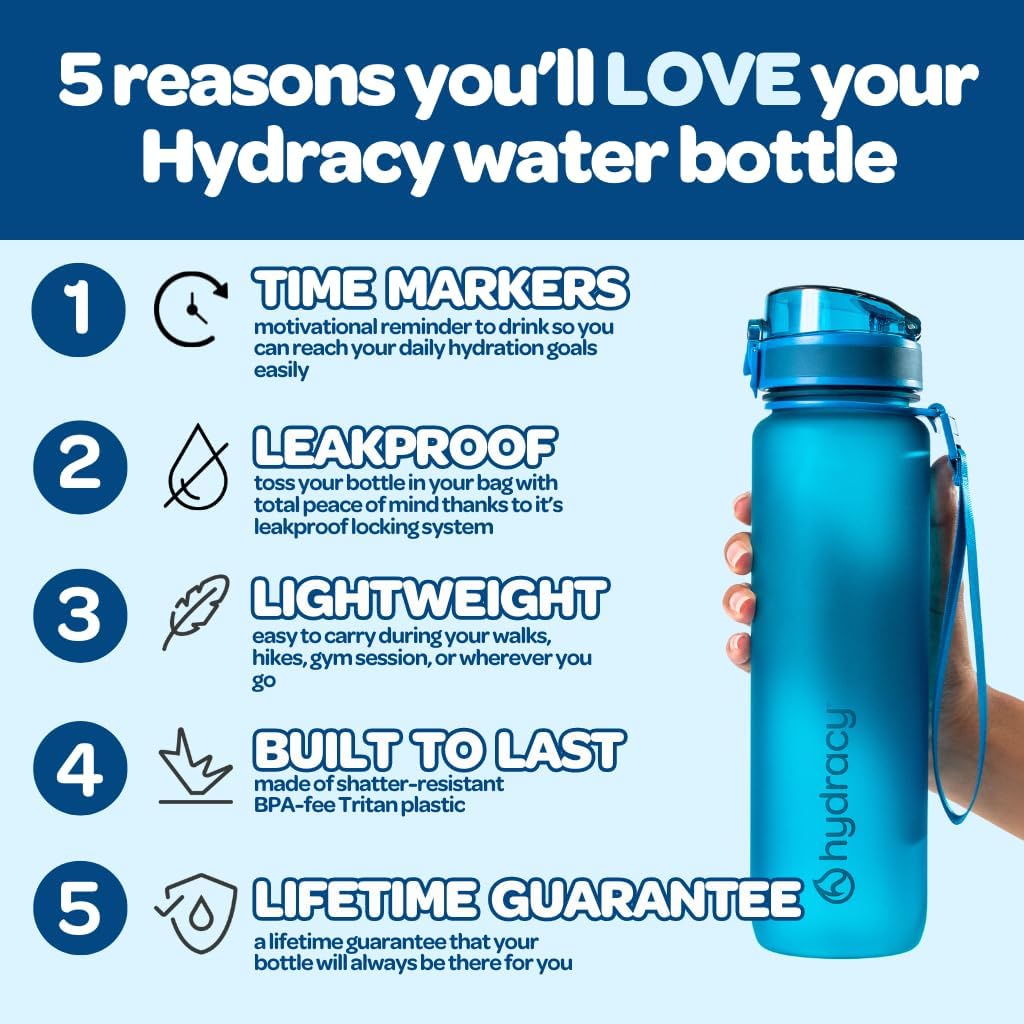 Hydracy Water Bottle with Time Marker -Large 1 Litre BPA Free Water Bottle & No Sweat Sleeve -Leak Proof Gym Bottle with Fruit Infuser Strainer & Times to Drink -Ideal for Fitness Sport & Outdoor-1