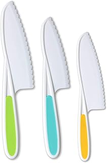 AKlamater Kitchen Safety Knives for Kids, Children's Cooking Knives in 3 Sizes & Colors/Firm Grip, Serrated Edges for Vegetables, Fruits, Salad, Cake