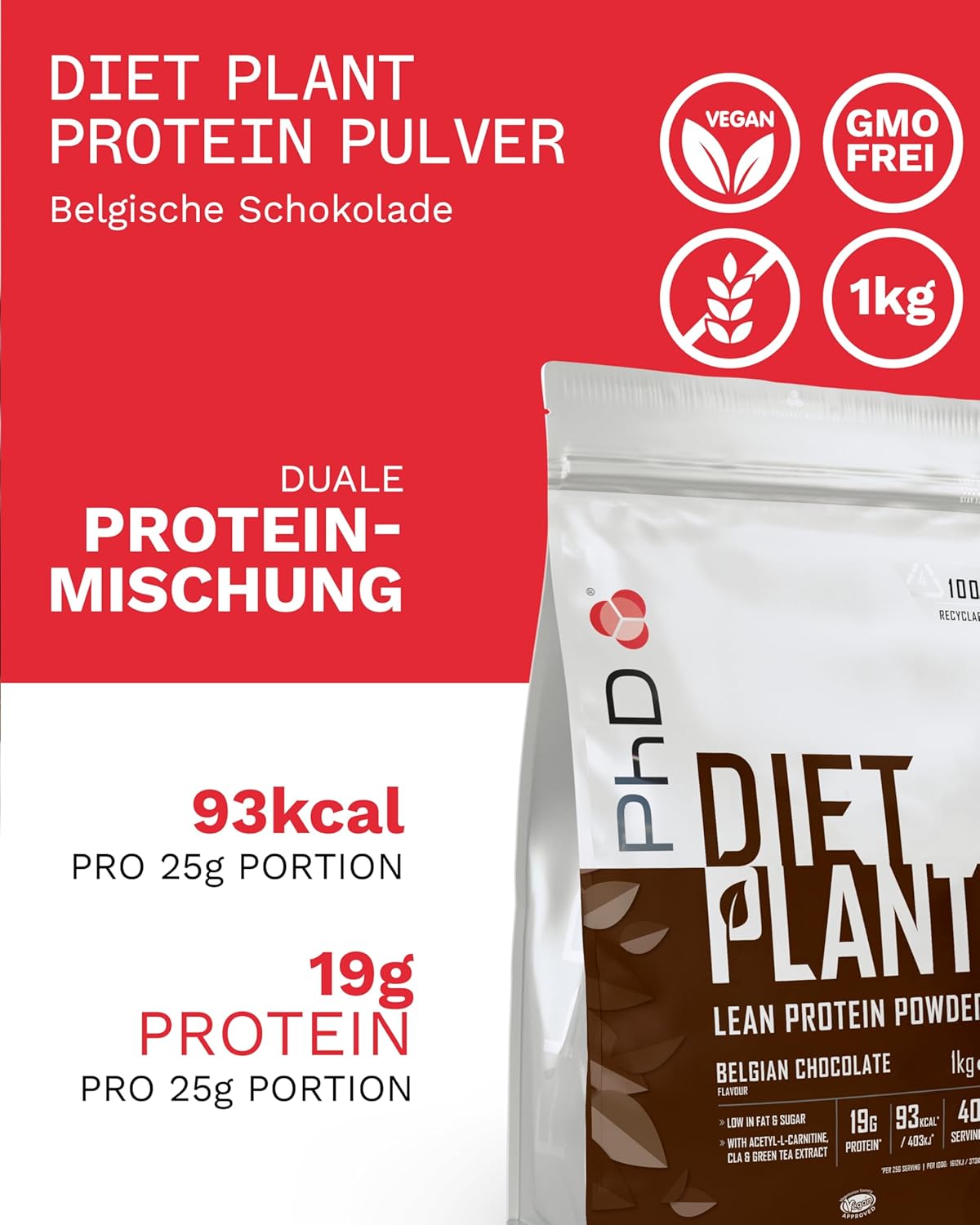 PhD Nutrition Diet Plant, Vegan Protein Powder Plant Based, High Protein Lean Matrix, Belgian Chocolate, 18g of Plant Protein, 40 Servings Per 1 kg Bag-2