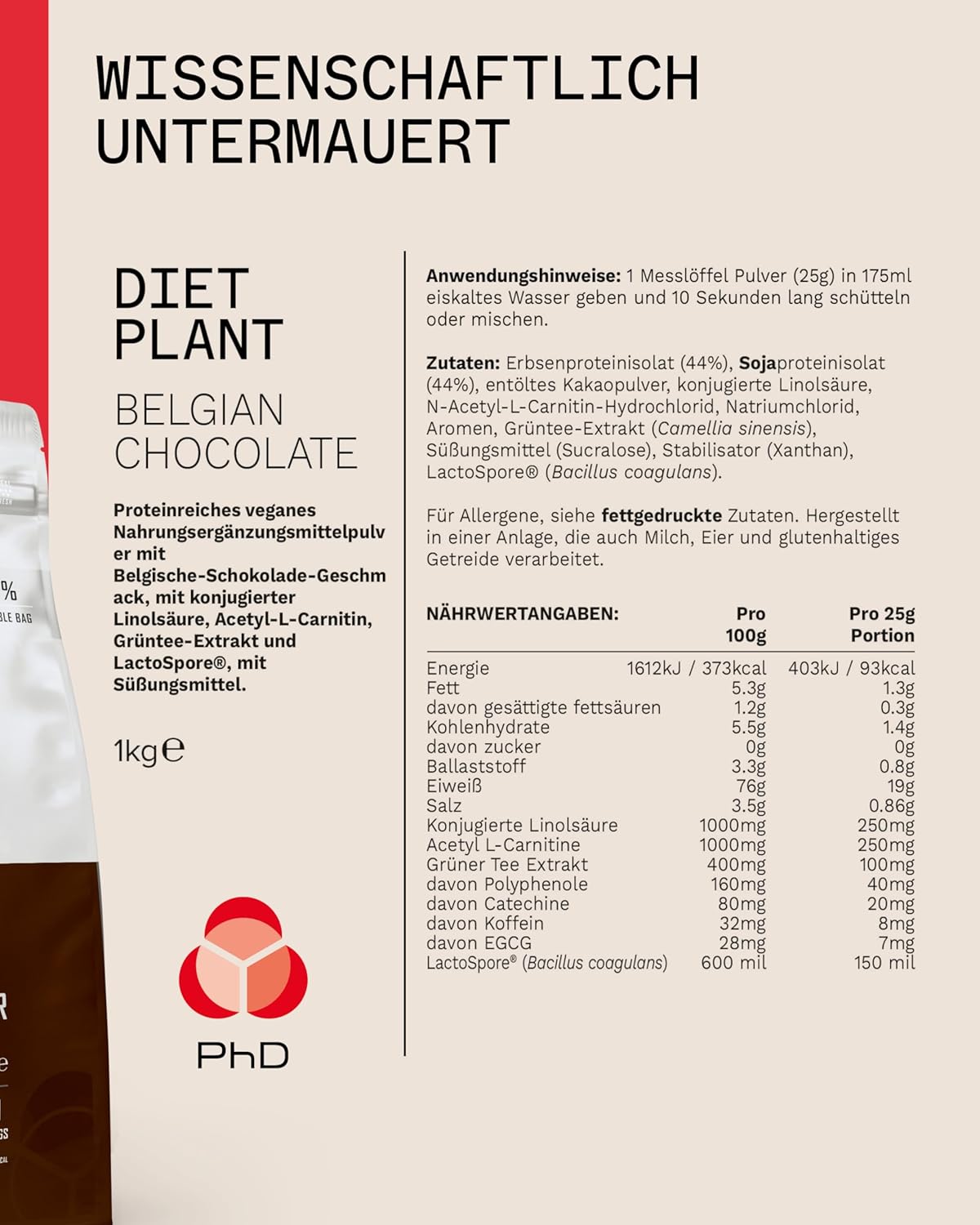 PhD Nutrition Diet Plant, Vegan Protein Powder Plant Based, High Protein Lean Matrix, Belgian Chocolate, 18g of Plant Protein, 40 Servings Per 1 kg Bag-3