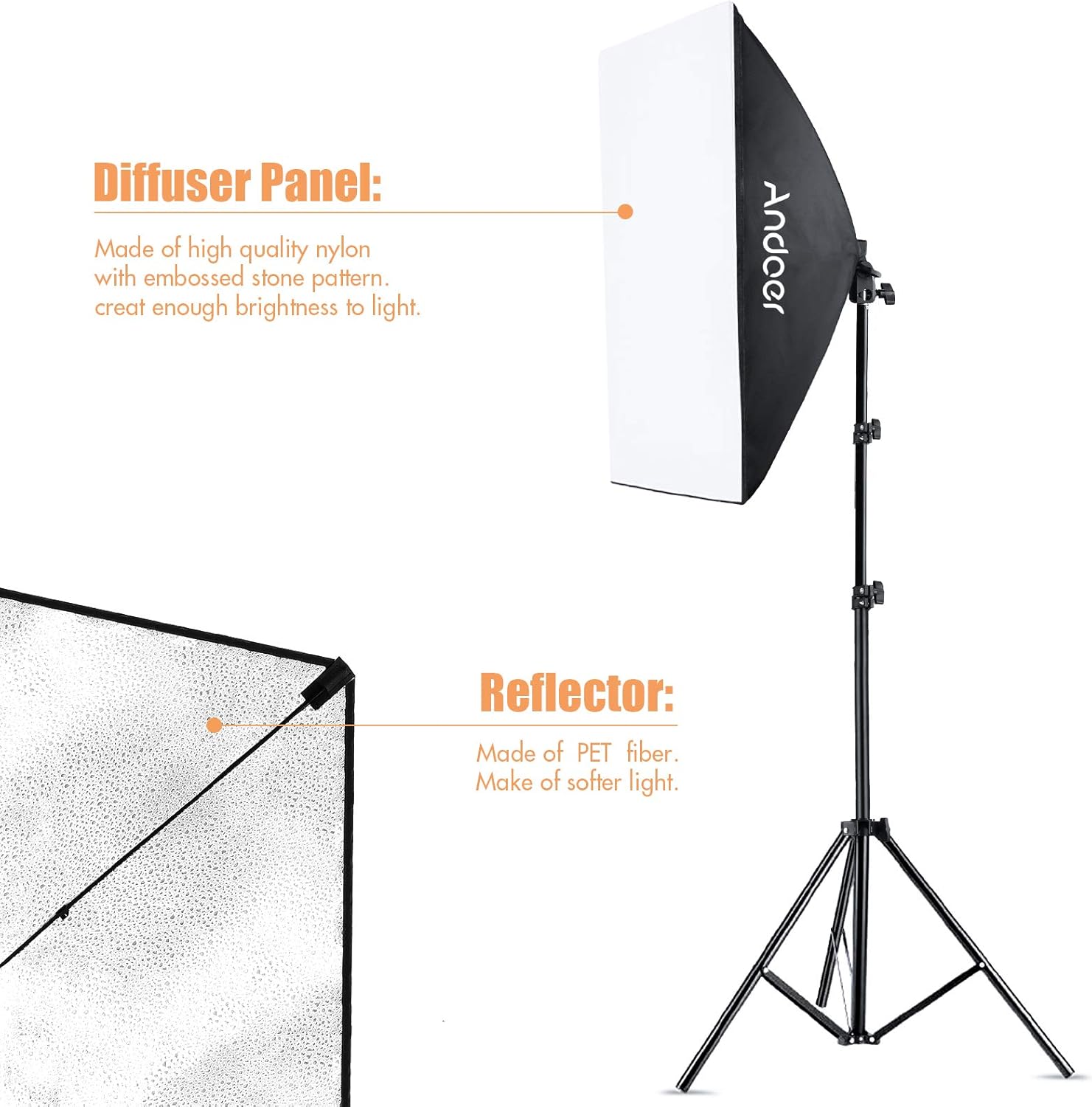 Andoer Softbox Lighting Kit 3 Color Dimmable 3000K-6000K Coloor Temperature Photography Softbox, Studio Lighting Softbox 20x28in 150W Studio Output Lighting for Portrait Advertising Video Shooting-6