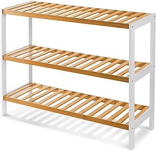 KEPLIN 3 Tier Natural Bamboo Shoe Rack Easy Assembly & Strong Design Shelf Organiser Ideal for Bedroom,Bathroom,Hallway & Small Spaces Large Capacity Up to 12 Pairs of Shoes(55x70x25cm)