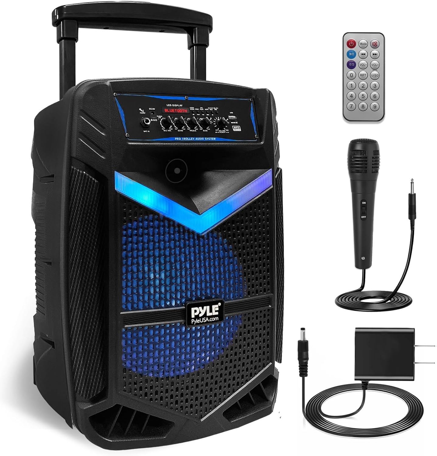 Pyle, Pa System, Active Powered Speakers, 1200W Rechargeable Outdoor Bluetooth Speaker- Portable PA System, w/ 15” Subwoofer 1” Tweeter, Microphone and Speaker, LED Lights, Recording, USB/SD-0