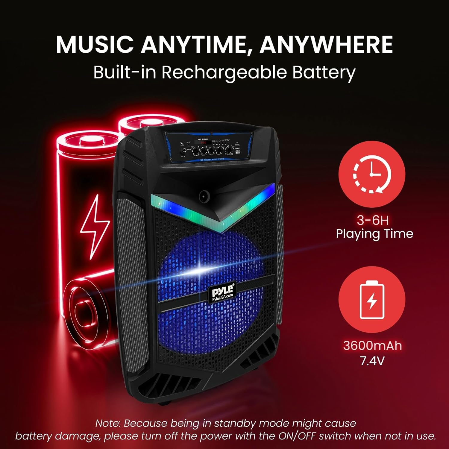 Pyle, Pa System, Active Powered Speakers, 1200W Rechargeable Outdoor Bluetooth Speaker- Portable PA System, w/ 15” Subwoofer 1” Tweeter, Microphone and Speaker, LED Lights, Recording, USB/SD-4