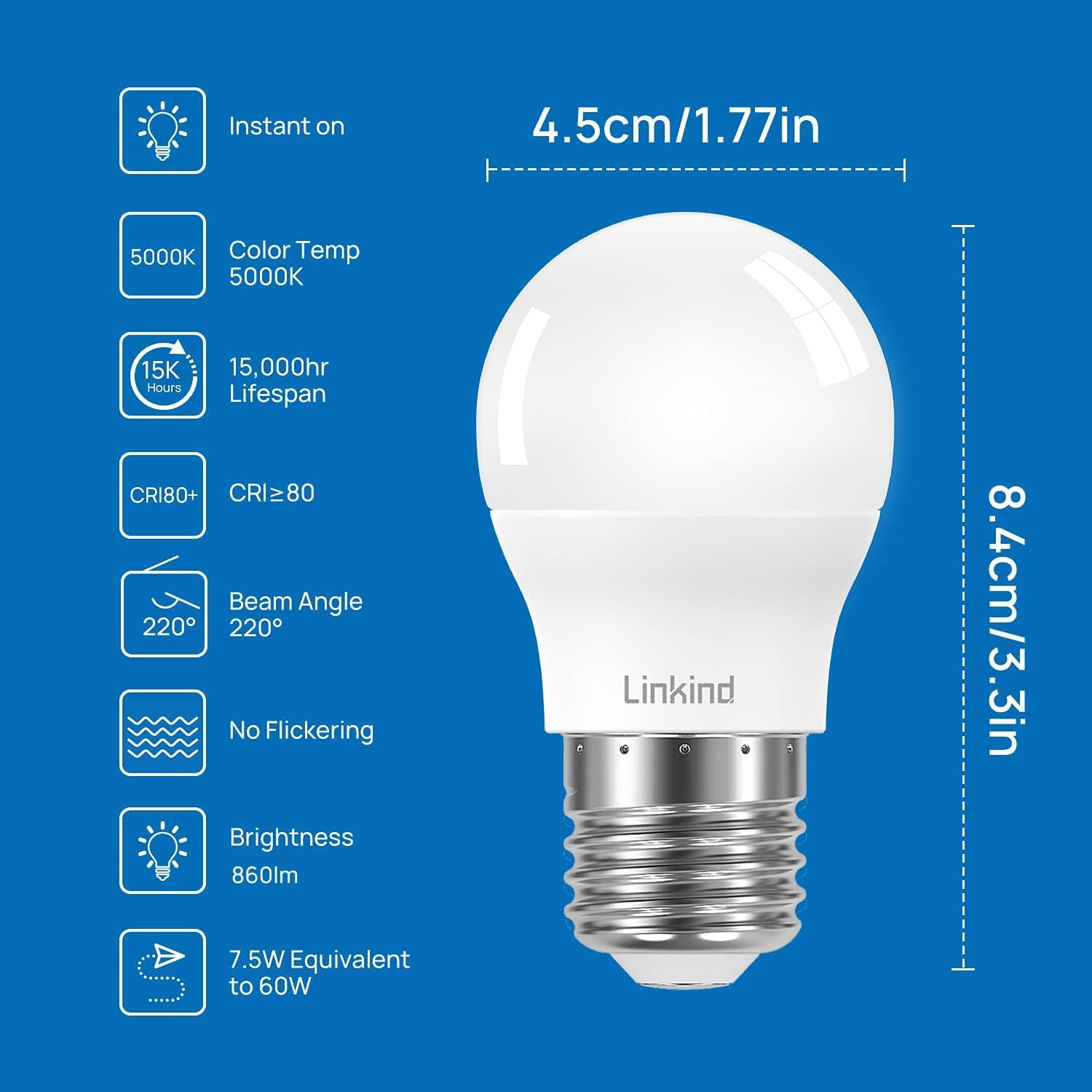 Linkind 7.5W E27 LED Bulbs G45/P45 Golf Ball Bulbs, 60W Equivalent, 860 Lumen Daylight 5000K Edison Screw Mini Globe Bulbs, AC 220-240V, Non-Dimmable, 6 Pack-1