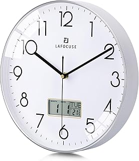 Lafocuse Silent Kitchen Wall Clock with Date and Day Temperature,Silver Wall Clocks for Living Room Modern Bedroom,LCD Display Quartz Digital Wall Clock Battery Operated for Office 12 Inch