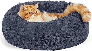 Bedsure Dog Bed Donut Bed - Washable Cat Beds for Indoor Cats Large, Fluffy Calming Kitten Bed for Small Dog and Puppy, Grey, 50x50x16cm