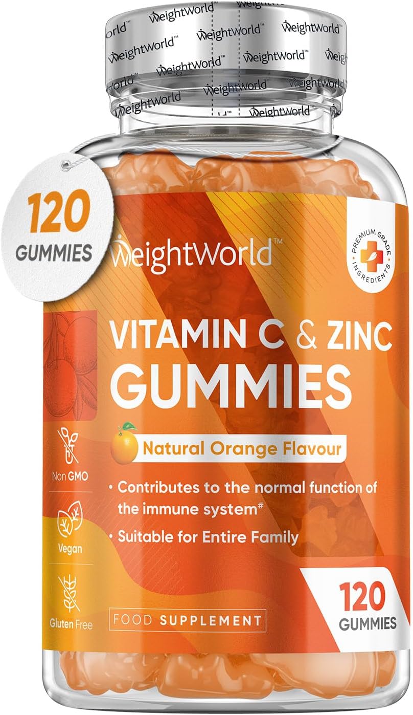 Vitamin C and Zinc Gummies for Adults & Kids - 200mg VIT C as L-Ascorbic Acid - 120 Chewable Vitamin C Gummies - Low Sugar, Natural Orange Flavour, Immunity Vitamins - Hair, Skin & Nail Vitamins-0