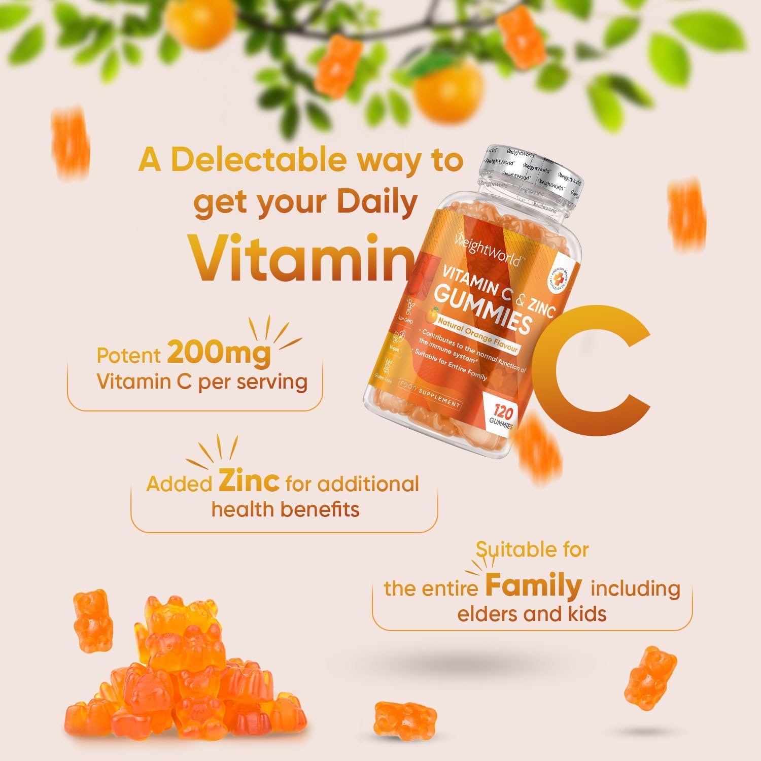 Vitamin C and Zinc Gummies for Adults & Kids - 200mg VIT C as L-Ascorbic Acid - 120 Chewable Vitamin C Gummies - Low Sugar, Natural Orange Flavour, Immunity Vitamins - Hair, Skin & Nail Vitamins-1