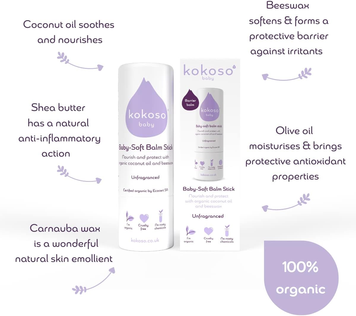 Kokoso Baby Soft Balm Stick, Unfragranced, Great for Dry Hands, Sore Lips and Chapped Cheeks, Protects Dribbly Chins and Soothes Dribble Rash, 100% Natural & Organic Ingredients, 13g-1