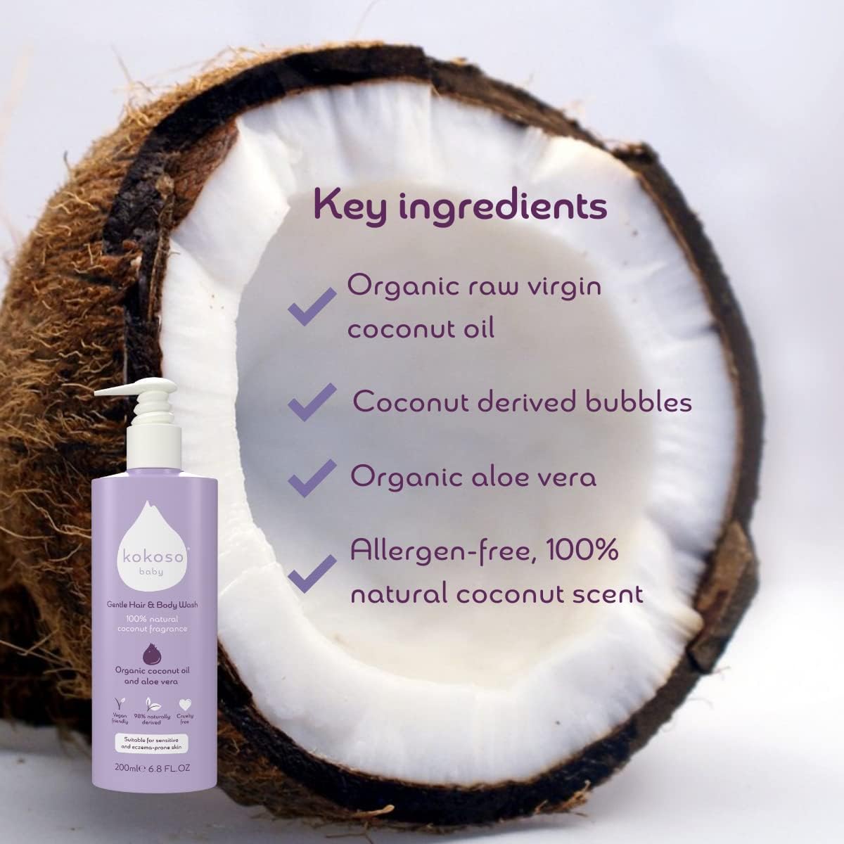 Kokoso - Baby Hair & Body Wash, 100% Natural Coconut Oil Fragrance - Organic Coconut Oil & Aloe Vera - Suitable for Sensitive & Eczema Prone Skin - Safe from Birth - 200ml-3