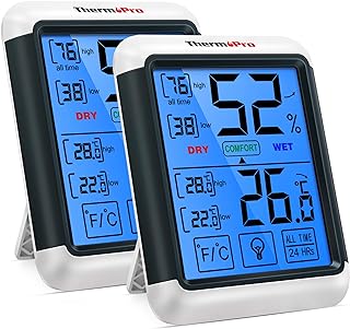 ThermoPro TP55 Digital Indoor Hygrometer Thermometer Temperature and Humidity Monitor Baby Room Nursery Moisture Meter with Large Backlight Touchscreen, 2 Pieces,Blue