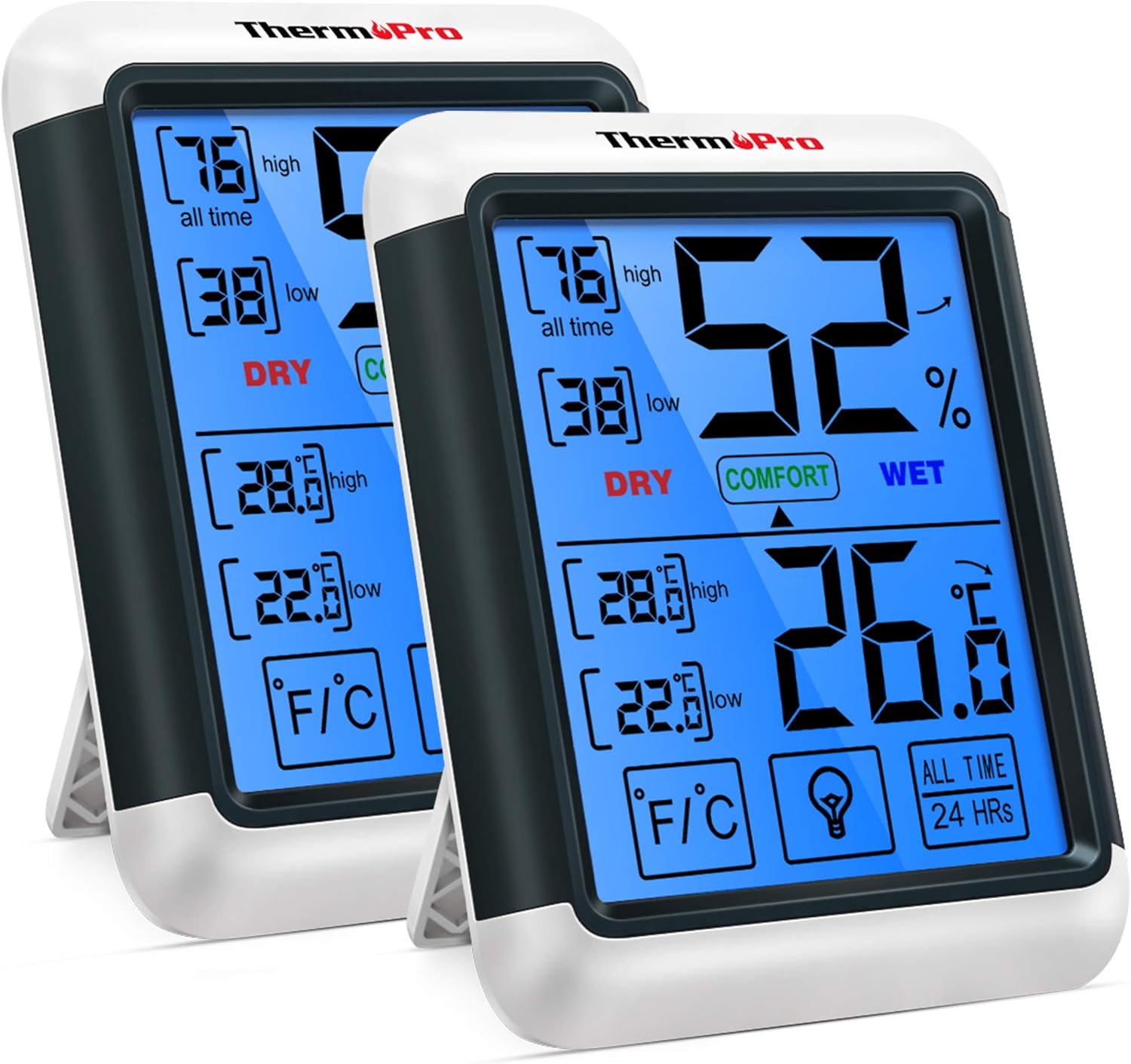 ThermoPro TP55 Digital Indoor Hygrometer Thermometer Temperature and Humidity Monitor Baby Room Nursery Moisture Meter with Large Backlight Touchscreen, 2 Pieces,Blue-0