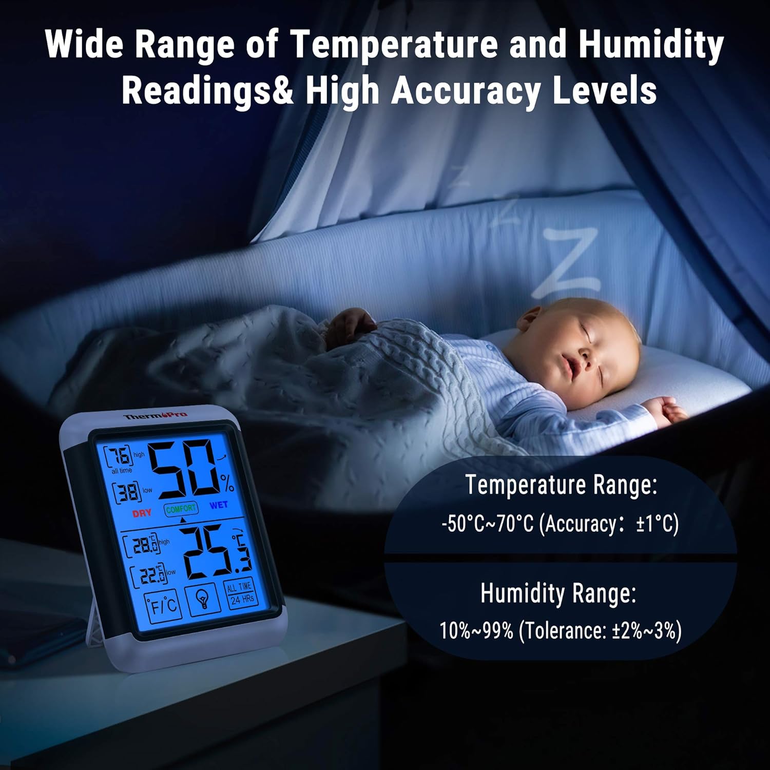 ThermoPro TP55 Digital Indoor Hygrometer Thermometer Temperature and Humidity Monitor Baby Room Nursery Moisture Meter with Large Backlight Touchscreen, 2 Pieces,Blue-2