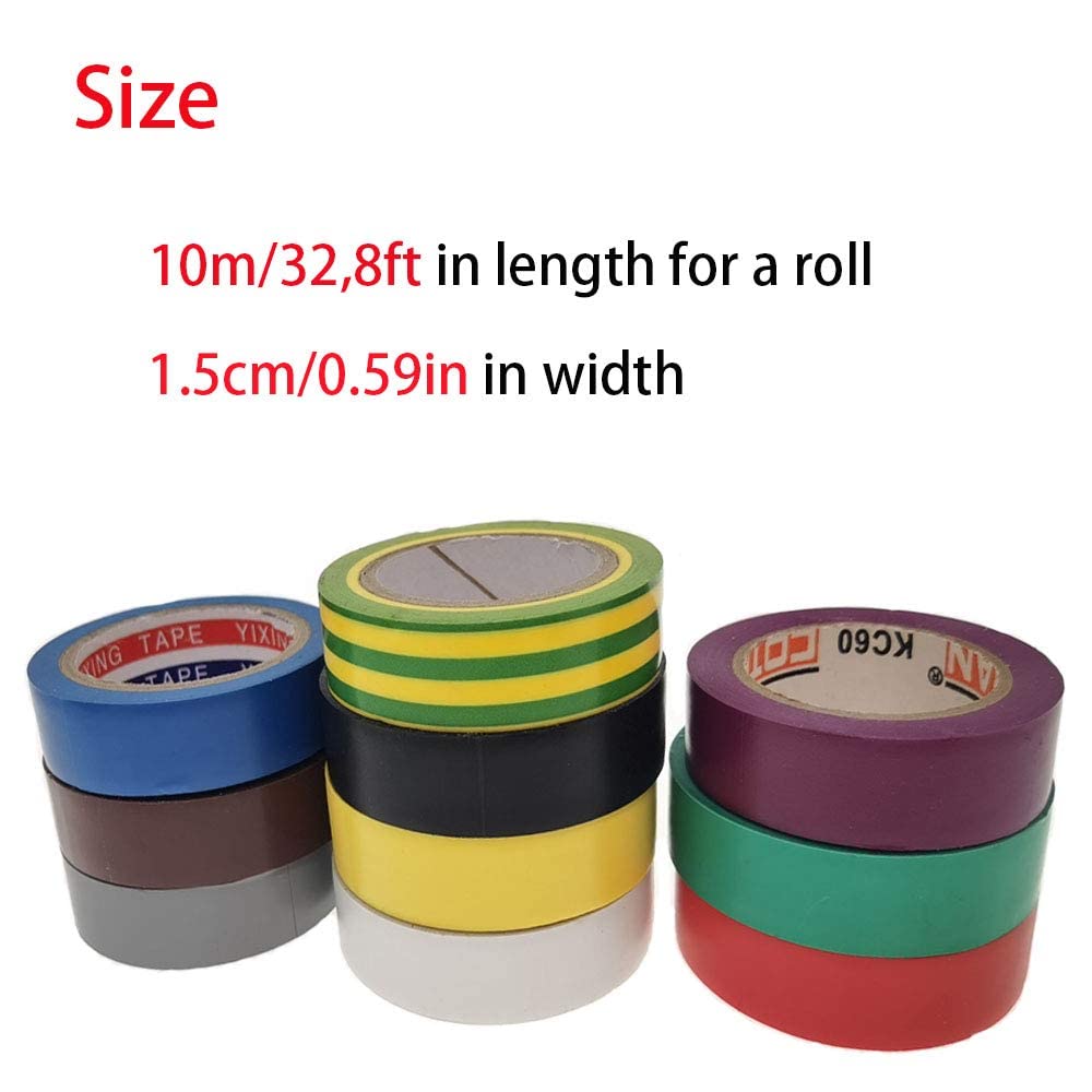 TSKDKIT 10 Rolls 10m Electrical Tapes Mixed Colour Electrical Insulation Tapes 15mm PVC Waterproof Adhesive Tapes for General Power Circuit Wiring-6