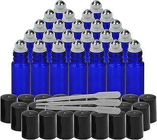 BELLE VOUS Blue Rollerball Perfume Bottles (24 Pack) - 10ml Oil Roller Blue Glass Bottles with Droppers - Roll on Bottles for Essential Oils & Aromatherapy