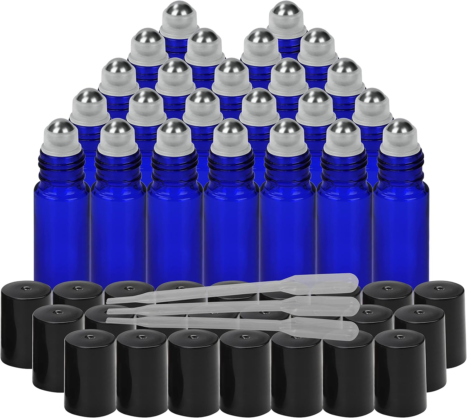 BELLE VOUS Blue Rollerball Perfume Bottles (24 Pack) - 10ml Oil Roller Blue Glass Bottles with Droppers - Roll on Bottles for Essential Oils & Aromatherapy-0