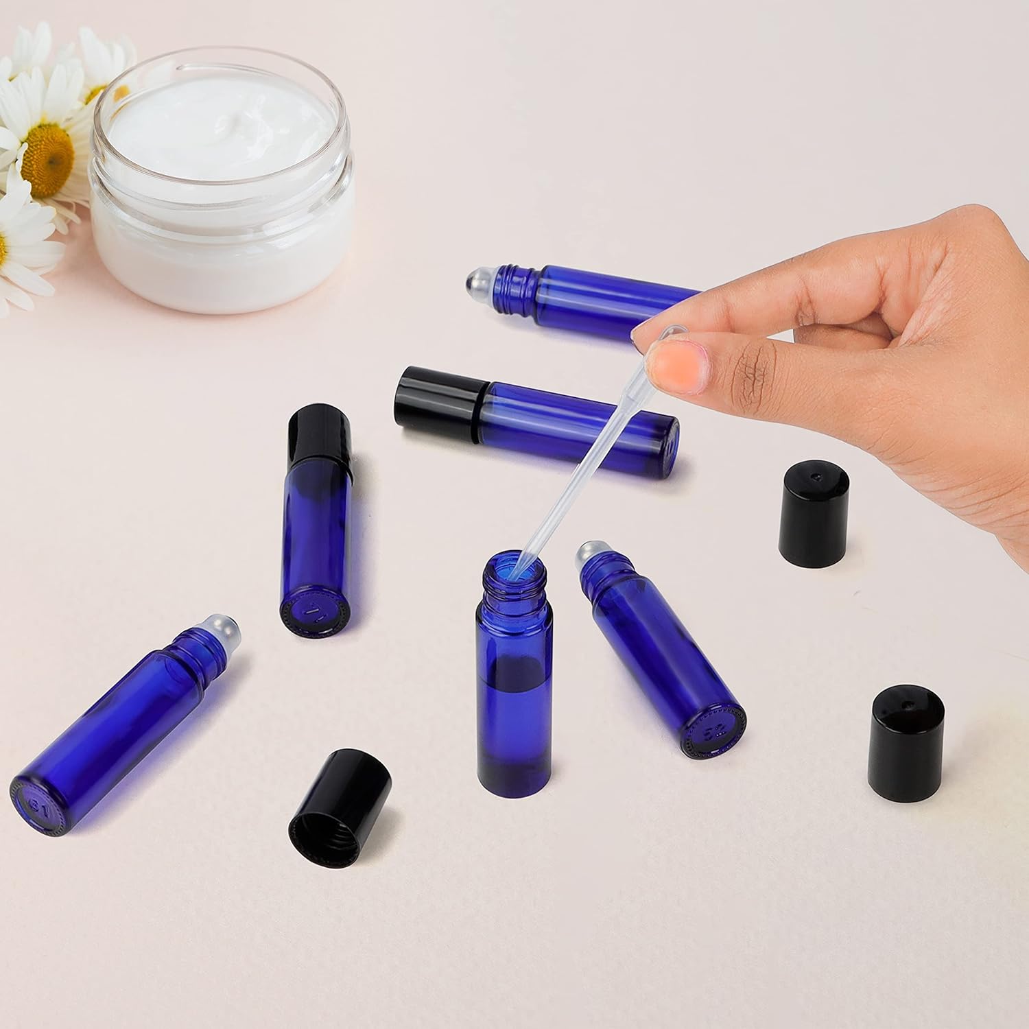 BELLE VOUS Blue Rollerball Perfume Bottles (24 Pack) - 10ml Oil Roller Blue Glass Bottles with Droppers - Roll on Bottles for Essential Oils & Aromatherapy-4