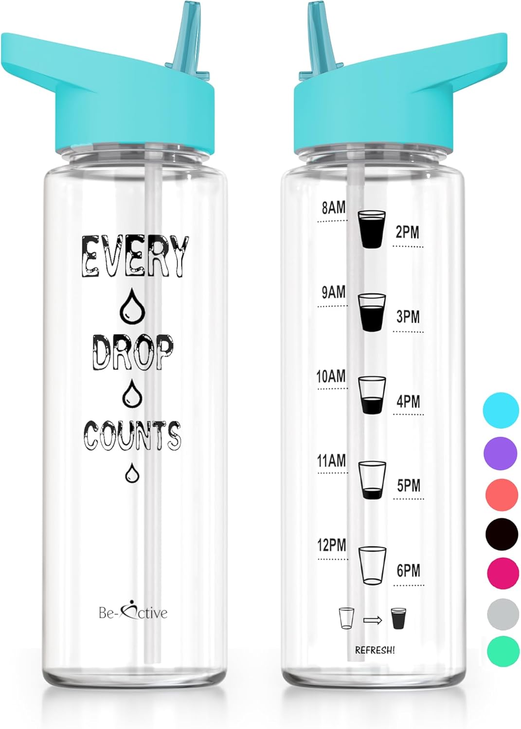 Be-Active Motivational Water Bottle with Straw – With Time Markings - Times to Drink – Tracker - BPA Free-0