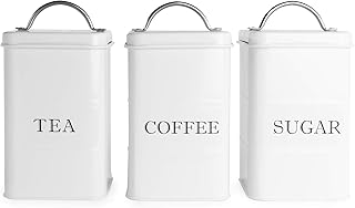 Tea Coffee Sugar Canisters in White | Set of 3 Vintage Kitchen Storage Container | Steel Caddy | Store Teabags Coffee Beans Granules | M&W