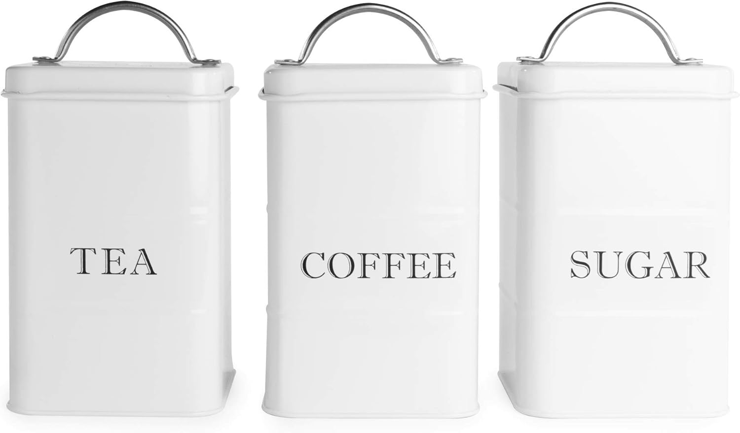 Tea Coffee Sugar Canisters in White | Set of 3 Vintage Kitchen Storage Container | Steel Caddy | Store Teabags Coffee Beans Granules | M&W-0