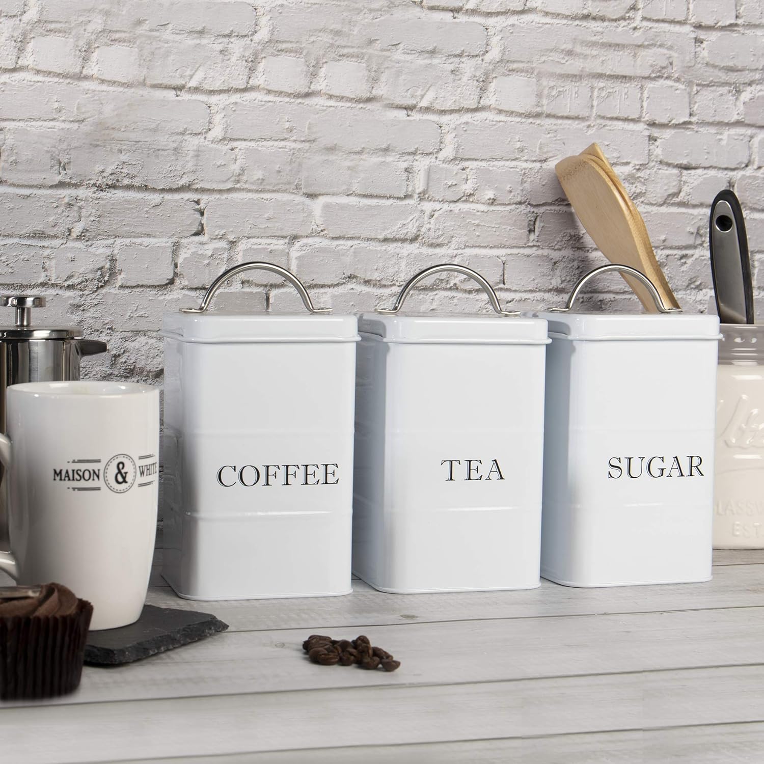 Tea Coffee Sugar Canisters in White | Set of 3 Vintage Kitchen Storage Container | Steel Caddy | Store Teabags Coffee Beans Granules | M&W-1