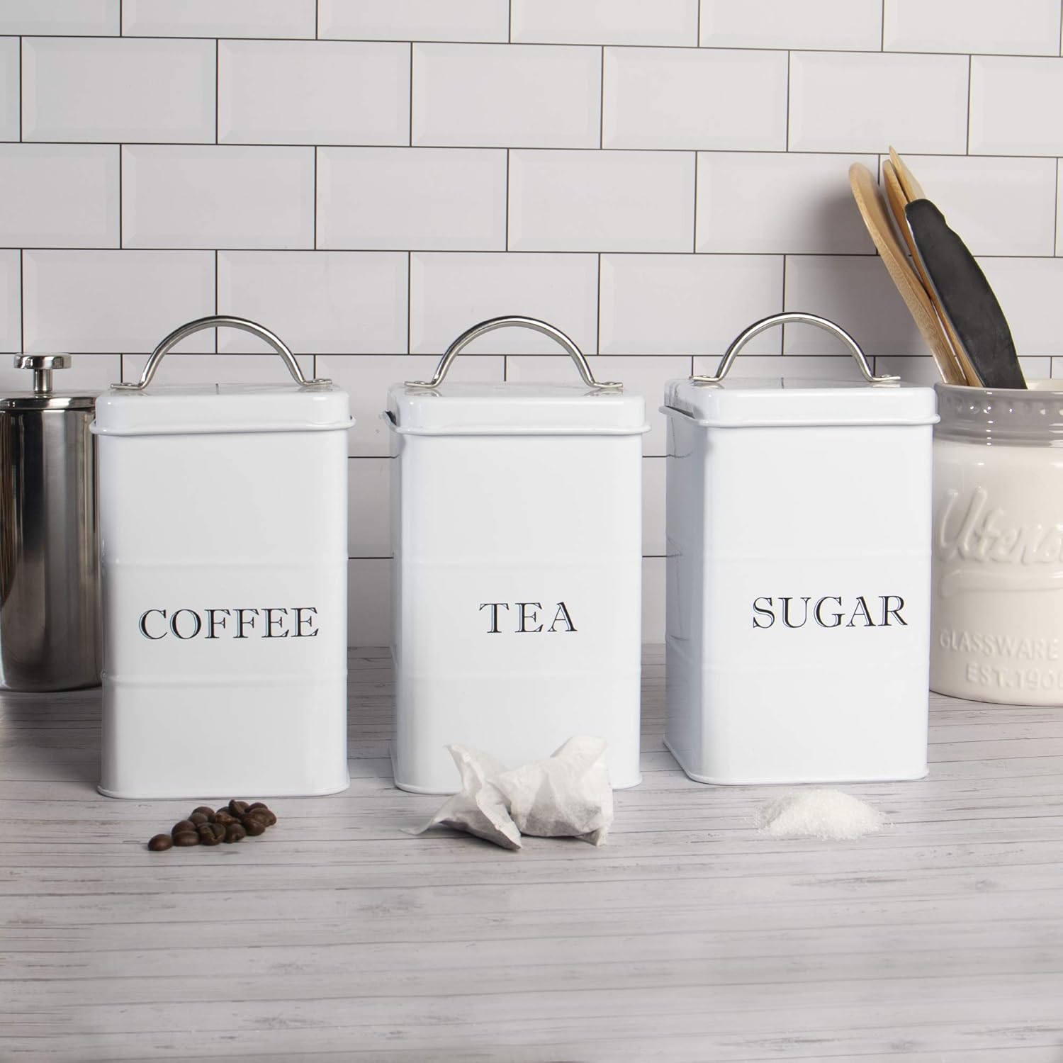 Tea Coffee Sugar Canisters in White | Set of 3 Vintage Kitchen Storage Container | Steel Caddy | Store Teabags Coffee Beans Granules | M&W-6