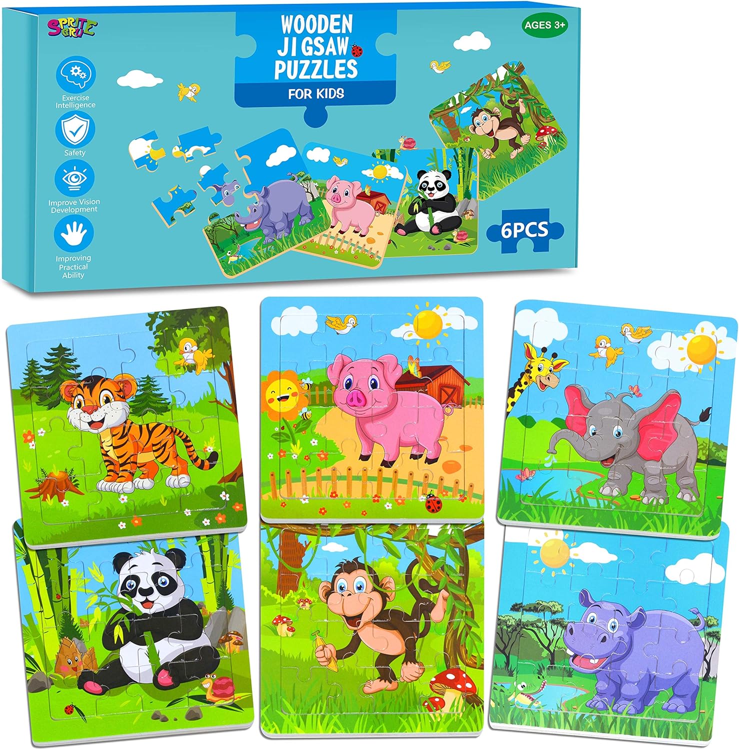 6 Packs Wooden Animals Jigsaw Puzzle, Early Educational Learning Toys Set Preschool Puzzles for 3+ Years Old Kids-0