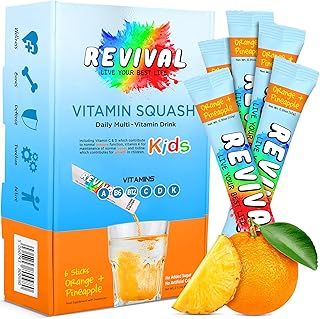 Revival Kids Vitamins Squash Drink - Electrolytes & Vitamins D, A, C, K, B6, B12 - Hydration, Immunity, Growth, Development - Pineapple Orange Juice 6 Pack