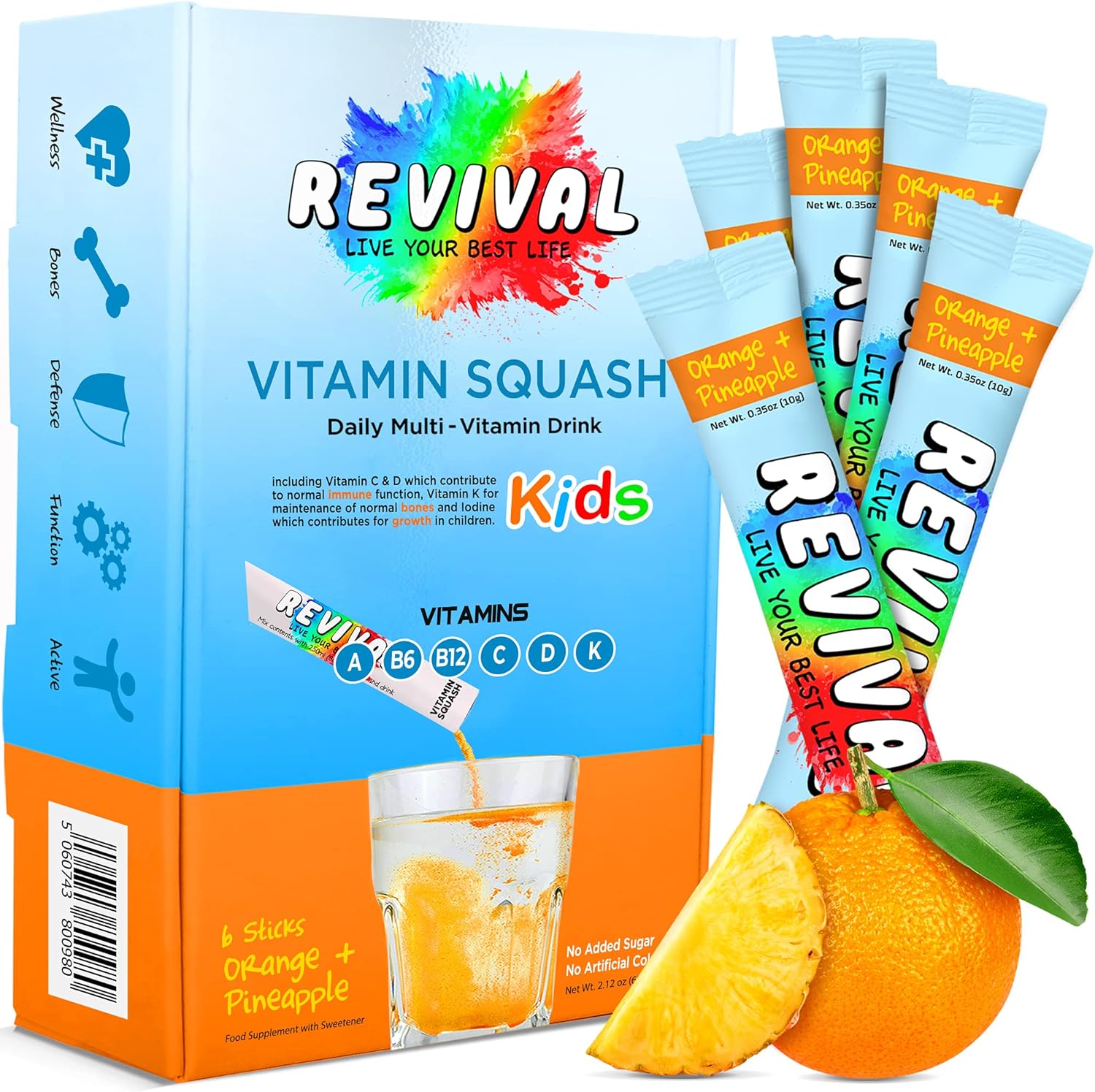 Revival Kids Vitamins Squash Drink - Electrolytes & Vitamins D, A, C, K, B6, B12 - Hydration, Immunity, Growth, Development - Pineapple Orange Juice 6 Pack-0