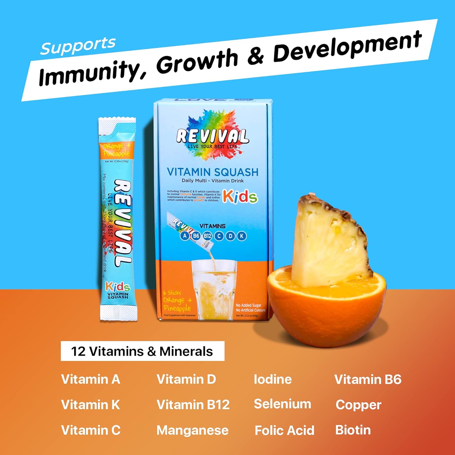 Revival Kids Vitamins Squash Drink - Electrolytes & Vitamins D, A, C, K, B6, B12 - Hydration, Immunity, Growth, Development - Pineapple Orange Juice 6 Pack-2