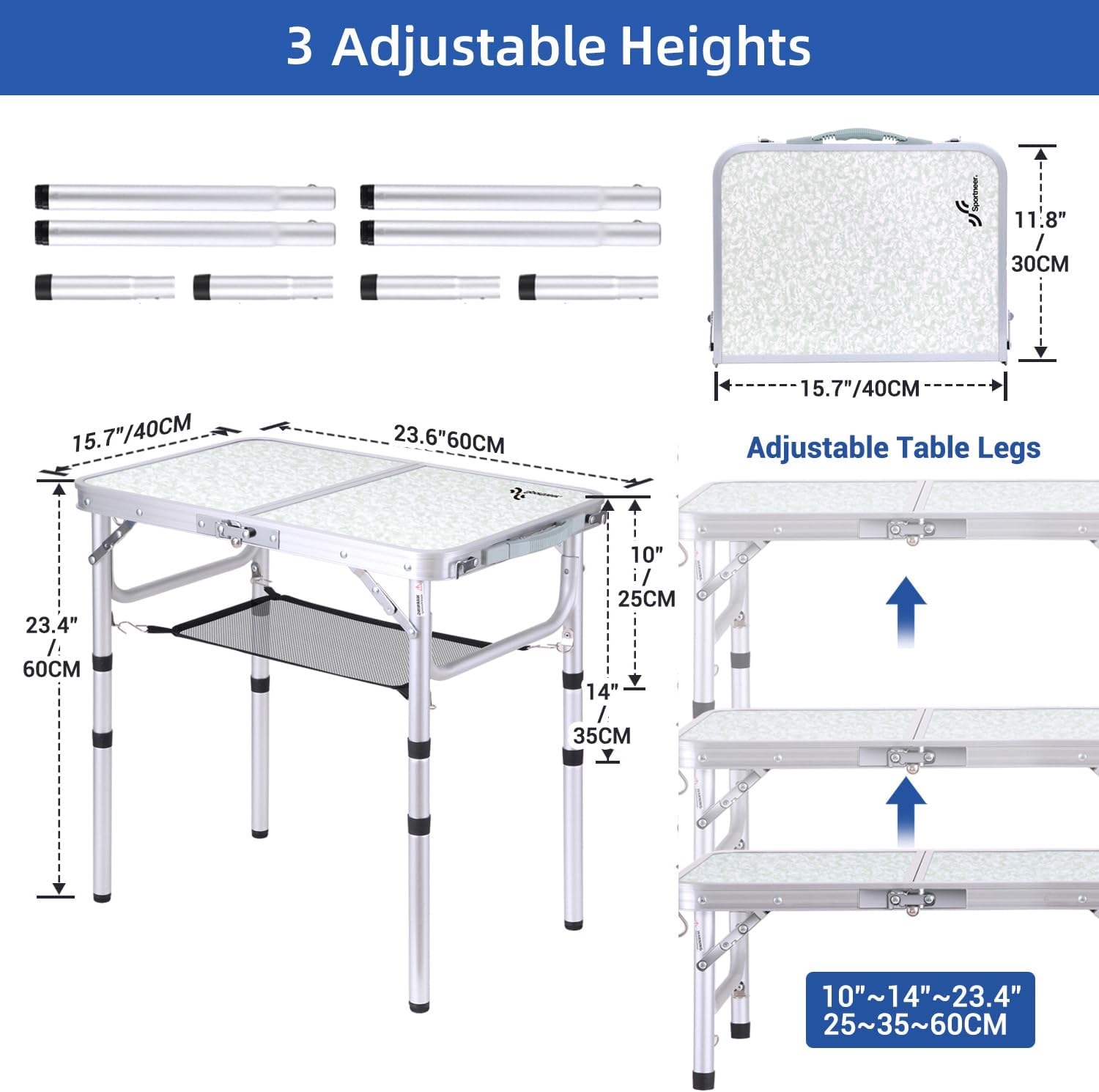 Sportneer Folding Camping Table, Adjustable Height Small Folding Table Portable Camp Tables (23.6" L x 15.7" W (2 Height)) with Mesh Layer for Outdoor Camp Garden Picnic BBQ Dining Cooking-2