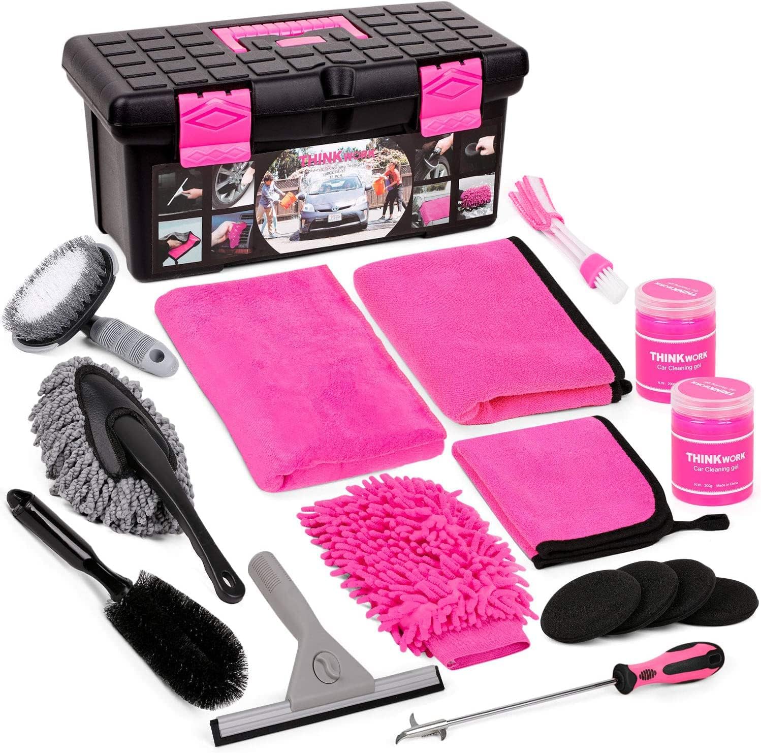 THINKWORK 17Pcs Car Cleaning Kit with Storage Box, Pink Car Washing Gift for Women - Cleaning Gel, Microfibre Cloth, Wheel Brush, Mitt, Duster, Squeegee - for Car Interior and Exterior Cleaning-0