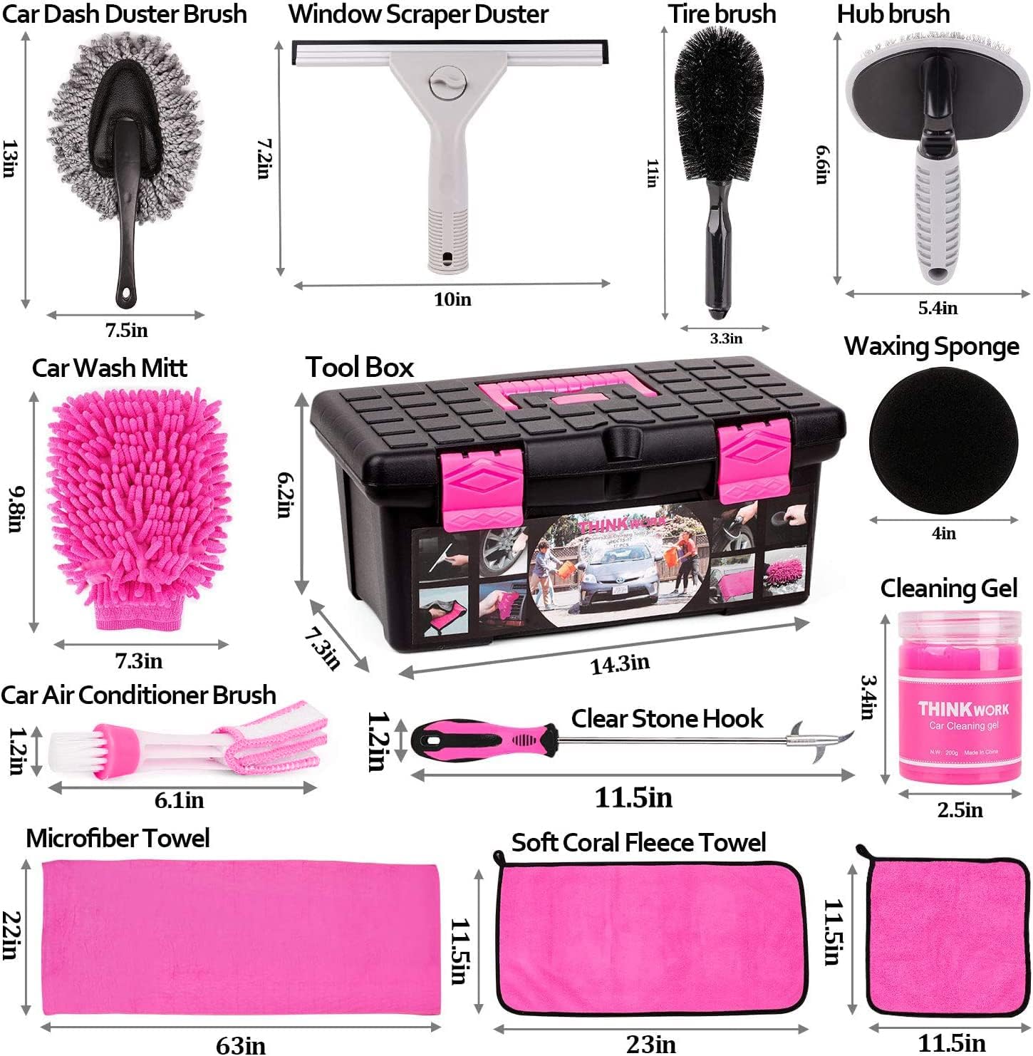 THINKWORK 17Pcs Car Cleaning Kit with Storage Box, Pink Car Washing Gift for Women - Cleaning Gel, Microfibre Cloth, Wheel Brush, Mitt, Duster, Squeegee - for Car Interior and Exterior Cleaning-1