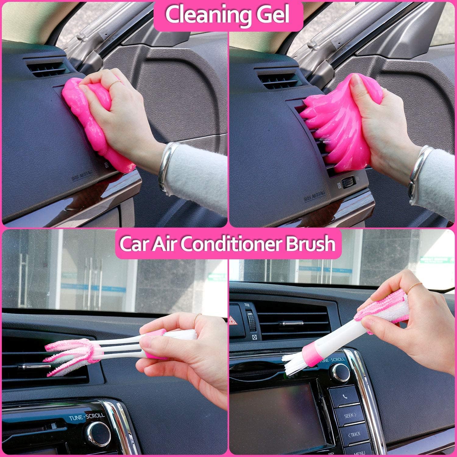 THINKWORK 17Pcs Car Cleaning Kit with Storage Box, Pink Car Washing Gift for Women - Cleaning Gel, Microfibre Cloth, Wheel Brush, Mitt, Duster, Squeegee - for Car Interior and Exterior Cleaning-2